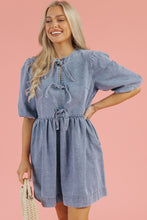 Load image into Gallery viewer, Dusk Blue Bowknot Bubble Sleeve Short Denim Dress
