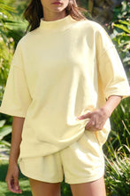 Load image into Gallery viewer, Yellow Cream Solid Color Exposed Seam Mock Neck Oversize Tee Casual Shorts 2pcs Outfit
