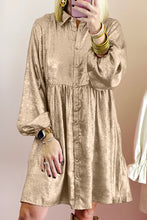 Load image into Gallery viewer, Apricot Metallic Sheen Puff Sleeve Button Up Mini Shirt Dress
