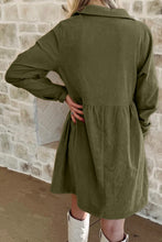 Load image into Gallery viewer, Black Corduroy Half Button Collared Long Sleeve Mini Dress

