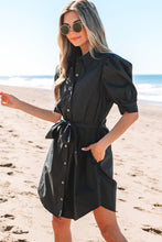 Load image into Gallery viewer, Black Button Up Tie Waist Puff Sleeve Mini Dress
