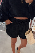 Load image into Gallery viewer, Dark Brown Solid Color Textured Knit Drop Shoulder Pullover Drawstring Shorts Set
