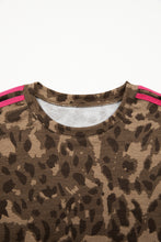 Load image into Gallery viewer, Brown Loose Contrast Striped Accent Leopard T Shirt Mini Dress with Pockets

