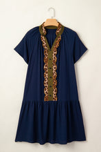 Load image into Gallery viewer, Navy Blue Button Detail Leopard Metallic Trim Short Sleeve Tunic Dress
