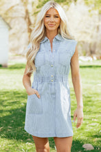 Load image into Gallery viewer, Sky Blue Stripe Collared Button Front Sleeveless Denim Mini Dress
