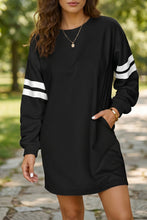 Load image into Gallery viewer, Tillandsia Purple Varsity Contrast Banded Sleeve Shift Sweatshirt Dress
