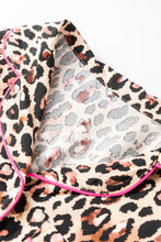 Load image into Gallery viewer, Light French Beige Leopard Print Contrast Trim Long Sleeve Shirt Drawstring Ruffle Hem Short Set
