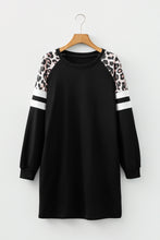 Load image into Gallery viewer, Black Leopard Print Patchwork Varsity Raglan Sleeve Sweatshirt Dress
