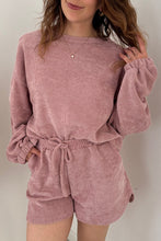 Load image into Gallery viewer, Dark Brown Solid Color Textured Knit Drop Shoulder Pullover Drawstring Shorts Set

