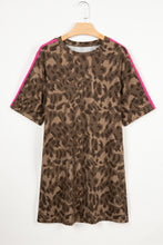 Load image into Gallery viewer, Brown Loose Contrast Striped Accent Leopard T Shirt Mini Dress with Pockets
