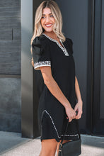 Load image into Gallery viewer, Black Leopard Trim Notched Neck Short Puff Sleeve Shift Mini Dress
