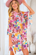 Load image into Gallery viewer, Pink Floral Print Lace Trimmed Tie Back Bell Sleeve Swing Mini Dress
