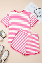 Load image into Gallery viewer, Pink Stripe Contrast Trim Short Sleeve Top Loose Shorts 2pcs Casual Outfit
