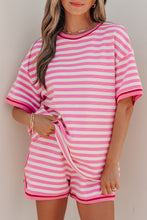 Load image into Gallery viewer, Pink Stripe Contrast Trim Short Sleeve Top Loose Shorts 2pcs Casual Outfit
