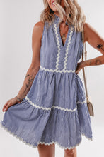 Load image into Gallery viewer, Blue Stripe Sleeveless Notched V Neck Contrast Ric Rac Mini Dress
