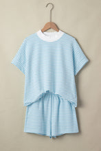 Load image into Gallery viewer, Sky Blue Stripe Cuffed Sleeve Contrast Mock Neck Tee Casual 2pcs Short Set
