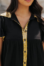 Load image into Gallery viewer, Black Sequin Trim Bubble Sleeve Game Day Shirt Dress
