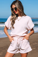 Load image into Gallery viewer, Pink Stripe Knitted Short Sleeve Top and Drawstring Shorts Set
