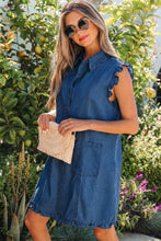Load image into Gallery viewer, Sail Blue Ruffled Edge Collared Shift Denim Dress with Pockets

