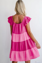Load image into Gallery viewer, Pink Crinkled Colorblock Patchwork Flutter Tiered Mini Dress
