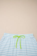 Load image into Gallery viewer, Pink Stripe Contrast Neck Loose Tee and Drawstring Shorts Set
