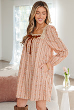 Load image into Gallery viewer, Khaki Floral Print Contrast Velvet Bow Lace Patchwork Long Sleeve Loose Mini Dress
