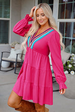 Load image into Gallery viewer, Rose Red Colorful Crochet V Neck Textured Tiered Ruffled Long Sleeve Mini Dress
