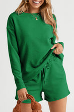 Load image into Gallery viewer, Green Textured Long Sleeve Top and Drawstring Shorts Set
