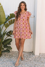 Load image into Gallery viewer, Orange Geometric Floral V Neck Buttoned Ruffled Sleeve Mini Dress
