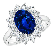Load image into Gallery viewer, Princess Diana Inspired 3.00CTW AGI Certified G/VS Lab-Grown Sapphire and Diamond Halo Ring in 14K White Gold
