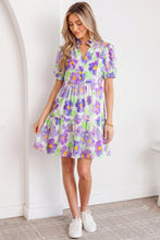 Load image into Gallery viewer, Purple Floral V Collar Short Sleeve Tiered Ruffle Mini Dress
