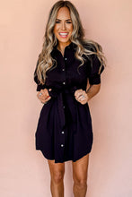 Load image into Gallery viewer, Black Button Up Tie Waist Puff Sleeve Mini Dress
