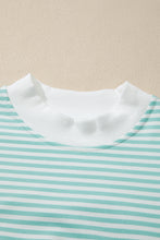 Load image into Gallery viewer, Sky Blue Stripe Cuffed Sleeve Contrast Mock Neck Tee Casual 2pcs Short Set
