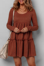 Load image into Gallery viewer, Straw Yellow Ribbed Frilled Trim High Waist Long Sleeve Mini Dress
