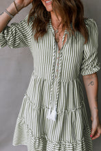 Load image into Gallery viewer, Green Stripe Tasseled Tie Neck Ruffled Short Sleeve Tiered Flattering Dress
