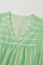 Load image into Gallery viewer, Green Stripe V Neck Short Sleeve Frilled Detail A-line Dress
