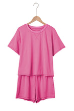 Load image into Gallery viewer, Bright Pink Seam Detail Raw Edge Tee Rainbow Waistband Casual Short Set
