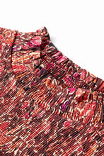Load image into Gallery viewer, Red Floral Print Long Sleeve Shirred High Neck Loose Mini Dress
