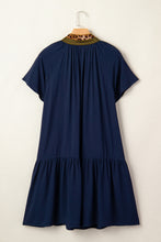 Load image into Gallery viewer, Navy Blue Button Detail Leopard Metallic Trim Short Sleeve Tunic Dress
