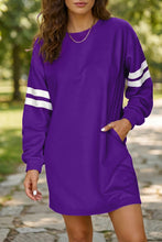 Load image into Gallery viewer, Tillandsia Purple Varsity Contrast Banded Sleeve Shift Sweatshirt Dress
