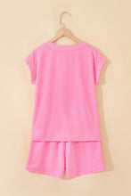 Load image into Gallery viewer, Sachet Pink V Neck Short Sleeve Top Drawstring Shorts 2pcs Set
