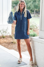 Load image into Gallery viewer, Blue Zip up Collared Short Sleeve Shift Mini Denim Dress
