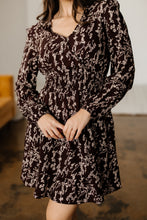 Load image into Gallery viewer, Brown Ditsy Floral Print Split Neck Long Sleeve Shirred Waist Flared Mini Dress
