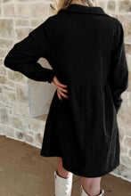 Load image into Gallery viewer, Black Corduroy Half Button Collared Long Sleeve Mini Dress
