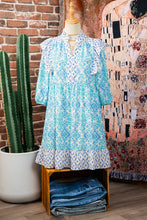 Load image into Gallery viewer, Sky Blue Boho Floral Geometric Patchwork Ruffle Detail Puff Sleeve Mini Dress

