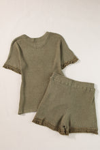 Load image into Gallery viewer, Laurel Green Fringe Trim Textured Short Two Piece Set
