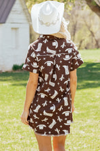 Load image into Gallery viewer, Brown Cowgirl Hats Boots Cactus Print Raw Edge Button Down Short Denim Dress
