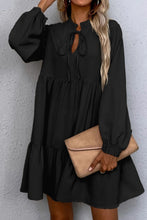 Load image into Gallery viewer, Black Tie Split Neck Smocked Detail Long Puff Sleeve Ruffle Hem Loose Dress

