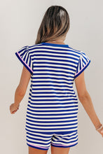 Load image into Gallery viewer, Blue Stripe Contrast Trim Cap Sleeve Top Casual Shorts 2pcs Set
