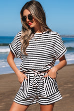 Load image into Gallery viewer, Pink Stripe Knitted Short Sleeve Top and Drawstring Shorts Set
